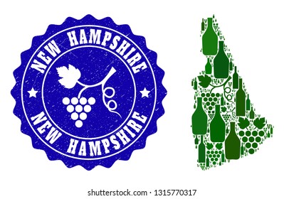 Vector collage of wine map of New Hampshire State and grape grunge seal. Map of New Hampshire State collage formed with bottles and grape berries bunches.