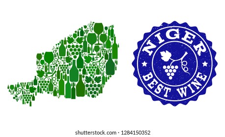 Vector collage of wine map of Niger and best grape wine grunge seal. Map of Niger collage composed with bottles and grape berries bunches.