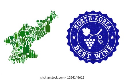 Vector collage of wine map of North Korea and best grape wine grunge watermark. Map of North Korea collage composed with bottles and grape berries bunches.