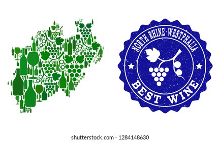 Vector collage of wine map of North Rhine-Westphalia State and best grape wine grunge watermark. Map of North Rhine-Westphalia State collage composed with bottles and grape berries bunches.