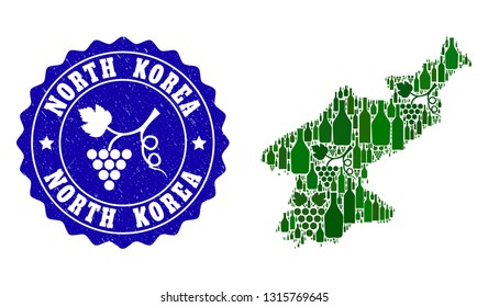 Vector collage of wine map of North Korea and grape grunge seal stamp. Map of North Korea collage composed with bottles and grape berries bunches.