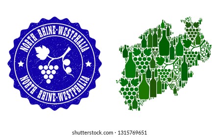 Vector collage of wine map of North Rhine-Westphalia State and grape grunge seal stamp. Map of North Rhine-Westphalia State collage formed with bottles and grape berries bunches.