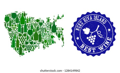 Vector collage of wine map of Nuku Hiva Island and best grape wine grunge stamp. Map of Nuku Hiva Island collage designed with bottles and grape berries bunches.