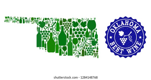 Vector collage of wine map of Oklahoma State and best grape wine grunge seal. Map of Oklahoma State collage designed with bottles and grape berries bunches.