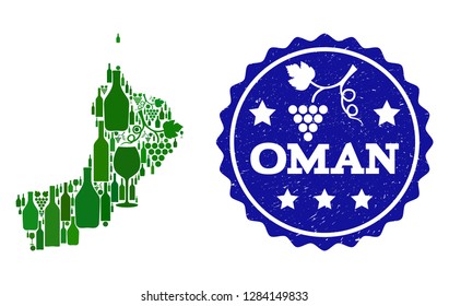 Vector collage of wine map of Oman and best grape wine grunge seal. Map of Oman collage composed with bottles and grape berries bunches.