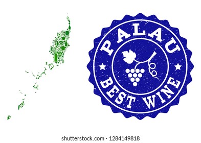 Vector collage of wine map of Palau Islands and best grape wine grunge watermark. Map of Palau Islands collage composed with bottles and grape berries bunches.