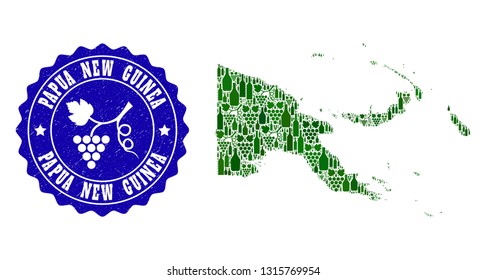 Vector collage of wine map of Papua New Guinea and grape grunge stamp. Map of Papua New Guinea collage designed with bottles and grape berries bunches.