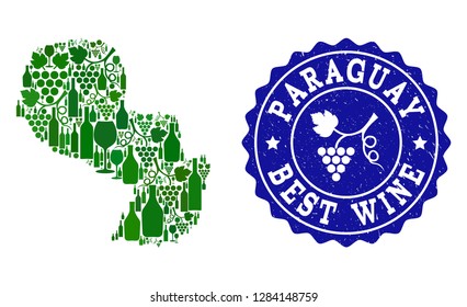 Vector collage of wine map of Paraguay and best grape wine grunge stamp. Map of Paraguay collage composed with bottles and grape berries bunches.