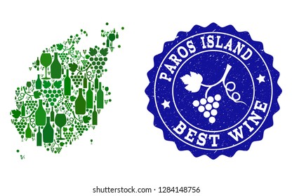 Vector collage of wine map of Paros Island and best grape wine grunge stamp. Map of Paros Island collage designed with bottles and grape berries bunches.