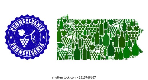 Vector collage of wine map of Pennsylvania State and grape grunge stamp. Map of Pennsylvania State collage composed with bottles and grape berries bunches.