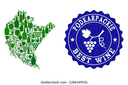 Vector collage of wine map of Podkarpackie Province and best grape wine grunge stamp. Map of Podkarpackie Province collage designed with bottles and grape berries bunches.