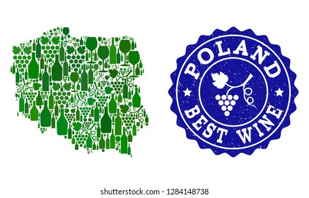Vector collage of wine map of Poland and best grape wine grunge stamp. Map of Poland collage composed with bottles and grape berries bunches.