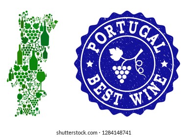Vector collage of wine map of Portugal and best grape wine grunge seal stamp. Map of Portugal collage composed with bottles and grape berries bunches.