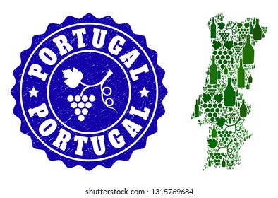 Vector collage of wine map of Portugal and grape grunge seal stamp. Map of Portugal collage formed with bottles and grape berries bunches.