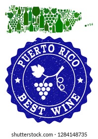 Vector collage of wine map of Puerto Rico and best grape wine grunge seal stamp. Map of Puerto Rico collage created with bottles and grape berries bunches.