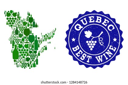 Vector collage of wine map of Quebec Province and best grape wine grunge seal stamp. Map of Quebec Province collage created with bottles and grape berries bunches.