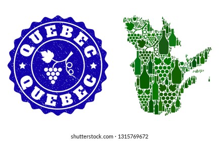 Vector collage of wine map of Quebec Province and grape grunge seal stamp. Map of Quebec Province collage designed with bottles and grape berries bunches.