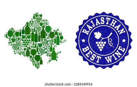 Vector collage of wine map of Rajasthan State and best grape wine grunge seal. Map of Rajasthan State collage composed with bottles and grape berries bunches.