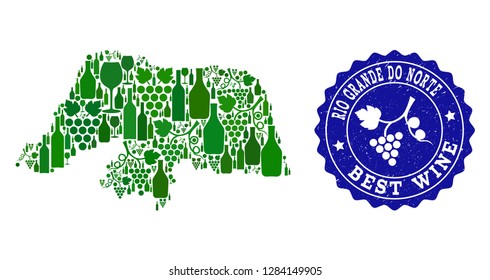 Vector collage of wine map of Rio Grande do Norte State and best grape wine grunge seal. Map of Rio Grande do Norte State collage created with bottles and grape berries bunches.