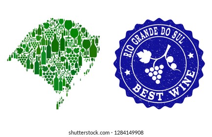 Vector collage of wine map of Rio Grande do Sul State and best grape wine grunge seal. Map of Rio Grande do Sul State collage composed with bottles and grape berries bunches.