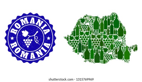 Vector collage of wine map of Romania and grape grunge stamp. Map of Romania collage designed with bottles and grape berries bunches.