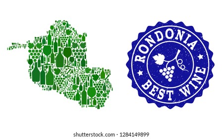 Vector collage of wine map of Rondonia State and best grape wine grunge seal stamp. Map of Rondonia State collage formed with bottles and grape berries bunches.