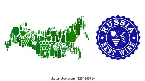 Vector collage of wine map of Russia and best grape wine grunge stamp. Map of Russia collage designed with bottles and grape berries bunches.