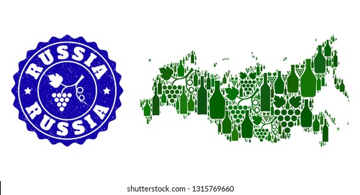 Vector collage of wine map of Russia and grape grunge seal stamp. Map of Russia collage designed with bottles and grape berries bunches.