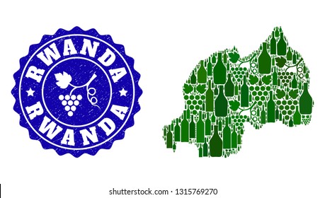 Vector collage of wine map of Rwanda and grape grunge stamp. Map of Rwanda collage created with bottles and grape berries bunches.