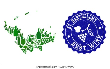 Vector collage of wine map of Saint Barthelemy and best grape wine grunge stamp. Map of Saint Barthelemy collage designed with bottles and grape berries bunches.