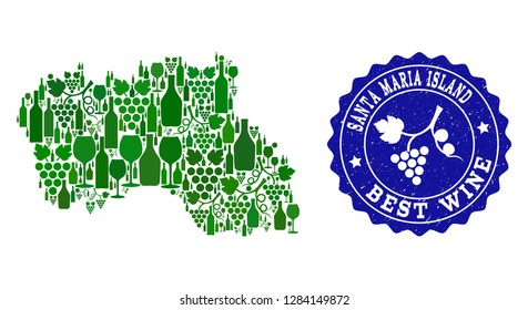 Vector collage of wine map of Santa Maria Island and best grape wine grunge stamp. Map of Santa Maria Island collage composed with bottles and grape berries bunches.