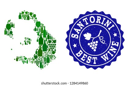 Vector collage of wine map of Santorini Island and best grape wine grunge seal. Map of Santorini Island collage formed with bottles and grape berries bunches.