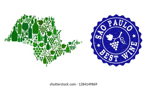 Vector collage of wine map of Sao Paulo State and best grape wine grunge stamp. Map of Sao Paulo State collage formed with bottles and grape berries bunches.