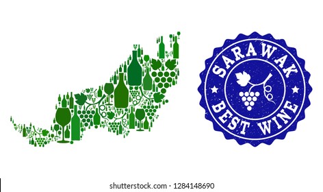 Vector collage of wine map of Sarawak and best grape wine grunge seal. Map of Sarawak collage designed with bottles and grape berries bunches.