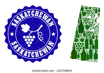 Vector collage of wine map of Saskatchewan Province and grape grunge stamp. Map of Saskatchewan Province collage created with bottles and grape berries bunches.