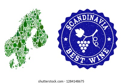 Vector collage of wine map of Scandinavia and best grape wine grunge stamp. Map of Scandinavia collage composed with bottles and grape berries bunches.