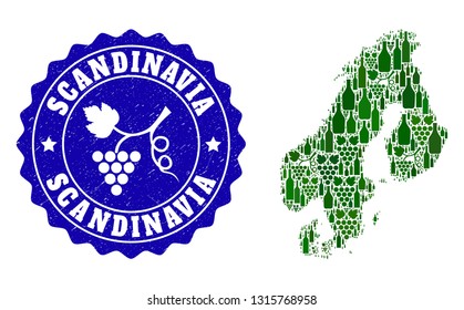 Vector collage of wine map of Scandinavia and grape grunge seal stamp. Map of Scandinavia collage created with bottles and grape berries bunches.