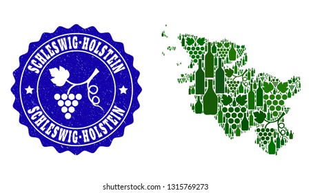 Vector collage of wine map of Schleswig-Holstein State and grape grunge seal. Map of Schleswig-Holstein State collage created with bottles and grape berries bunches.
