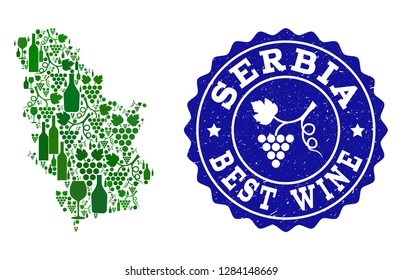 Vector collage of wine map of Serbia and best grape wine grunge seal stamp. Map of Serbia collage composed with bottles and grape berries bunches.