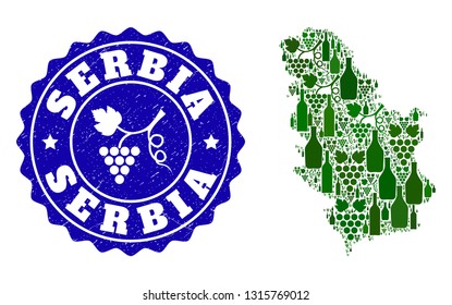 Vector collage of wine map of Serbia and grape grunge seal. Map of Serbia collage created with bottles and grape berries bunches.