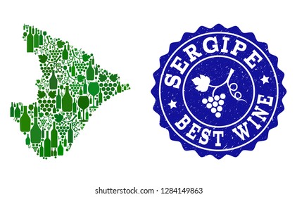 Vector collage of wine map of Sergipe State and best grape wine grunge watermark. Map of Sergipe State collage composed with bottles and grape berries bunches.