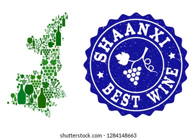 Vector collage of wine map of Shaanxi Province and best grape wine grunge watermark. Map of Shaanxi Province collage created with bottles and grape berries bunches.