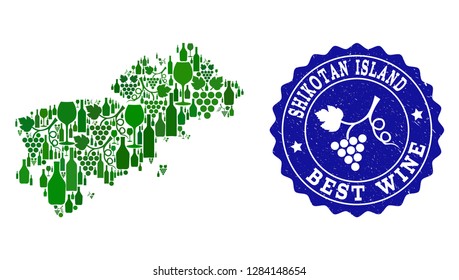 Vector collage of wine Map of Shikotan Island and best grape wine grunge watermark. Map of Shikotan Island collage created with bottles and grape berries bunches.