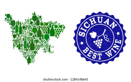 Vector collage of wine map of Sichuan Province and best grape wine grunge stamp. Map of Sichuan Province collage composed with bottles and grape berries bunches.