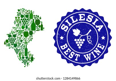 Vector collage of wine map of Silesia Province and best grape wine grunge seal stamp. Map of Silesia Province collage composed with bottles and grape berries bunches.