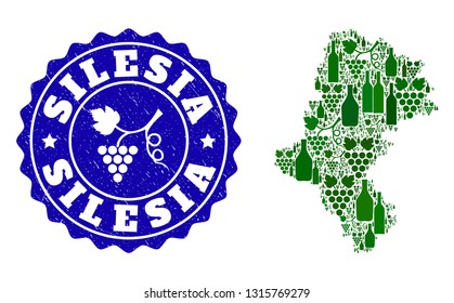 Vector collage of wine map of Silesia Voivodeship and grape grunge seal stamp. Map of Silesia Voivodeship collage designed with bottles and grape berries bunches.