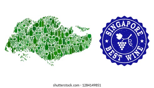 Vector collage of wine map of Singapore and best grape wine grunge seal. Map of Singapore collage formed with bottles and grape berries bunches.