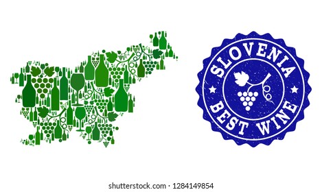 Vector collage of wine map of Slovenia and best grape wine grunge seal stamp. Map of Slovenia collage formed with bottles and grape berries bunches.