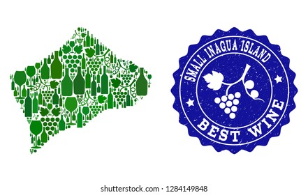 Vector collage of wine map of Small Inagua Island and best grape wine grunge watermark. Map of Small Inagua Island collage created with bottles and grape berries bunches.