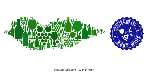 Vector collage of wine map of Socotra Island and best grape wine grunge watermark. Map of Socotra Island collage designed with bottles and grape berries bunches.